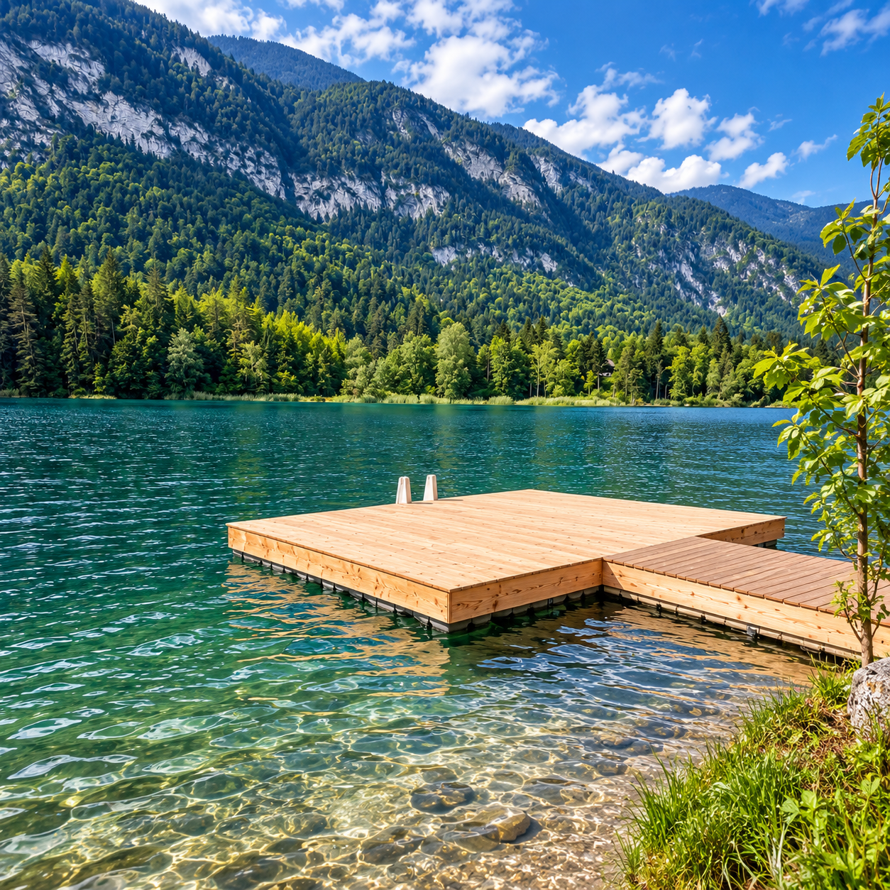 Schwimmende Steganlage an einem Bergsee