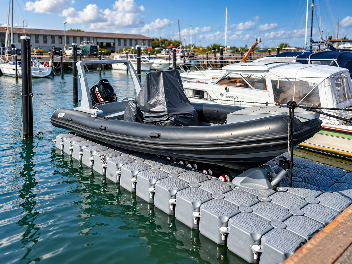Boot an einer modularen schwimmenden Steganlage